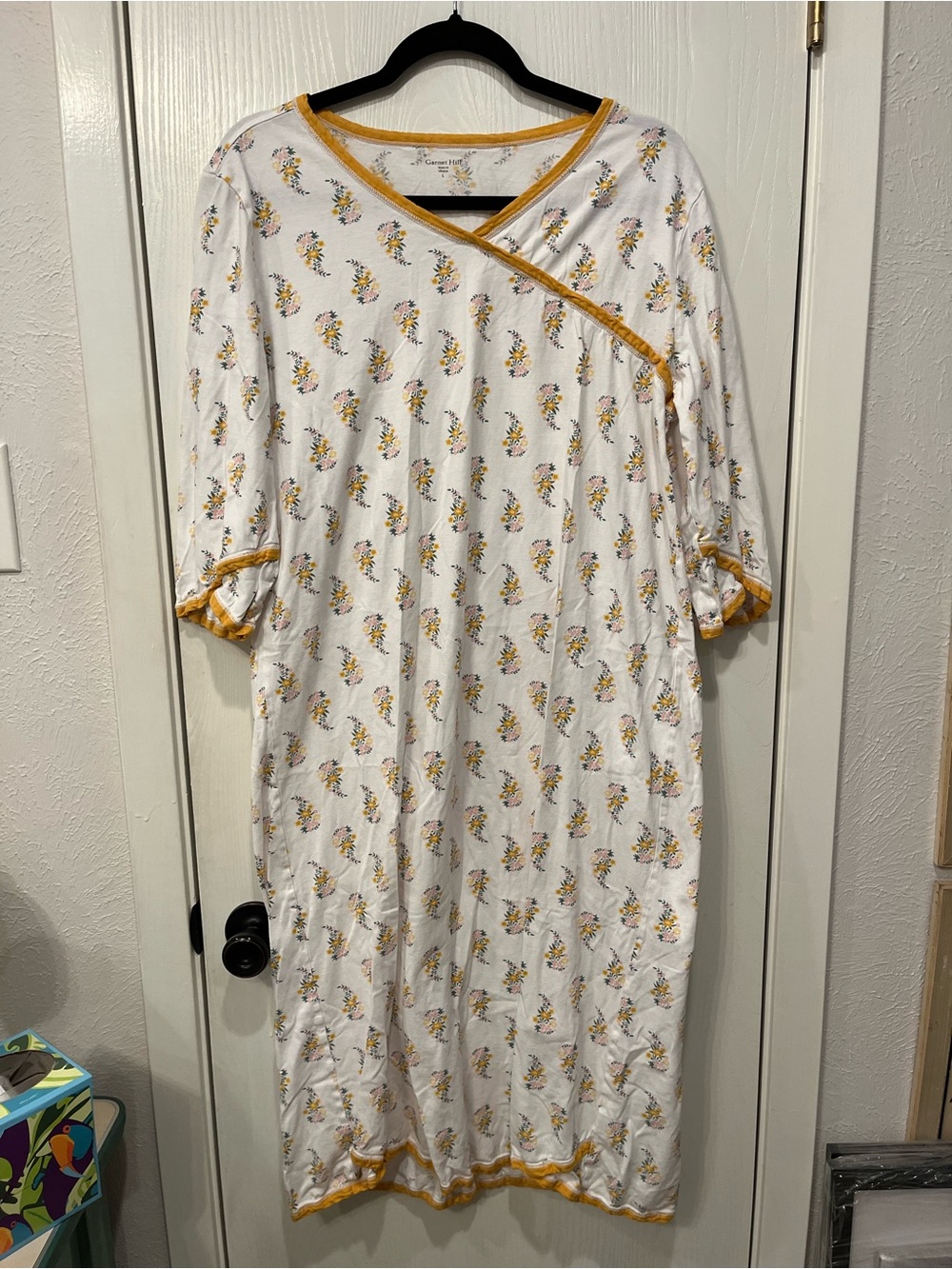 Garnet Hill Asian Wrap Nightgown 100% Green Cotton Knit Ivory Gold Cottagecore L